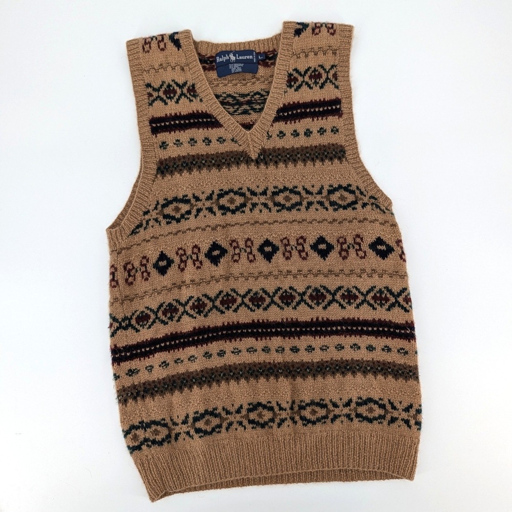 Ralph Lauren Camel Hair Cashmere Fair Isle Sweater Vest Brown Size L